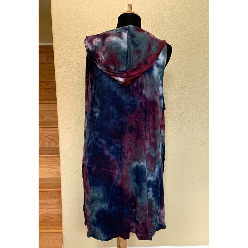 COIN 1804 Tie Dye Open Front Draped Hooded Boho Long Vest Cardigan Sz M Pockets - Picture 2 of 7